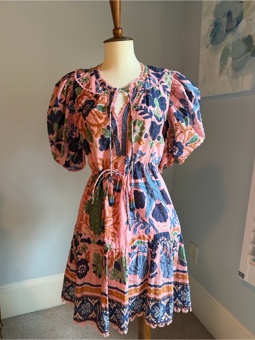 FARM Rio Pink Floral Embroidered Puff-Sleeve Dress